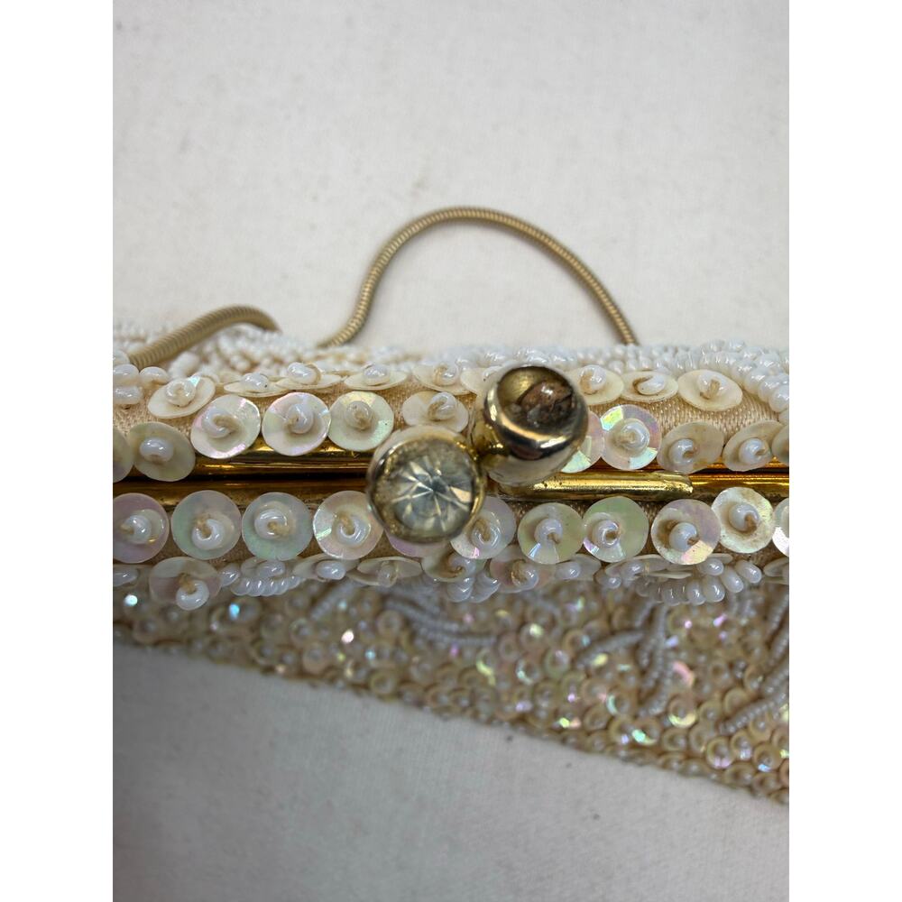 Vintage White Beaded Sequin Evening Bag Handmade in Hong Kong Bridal Glam Prom - Picture 8 of 13